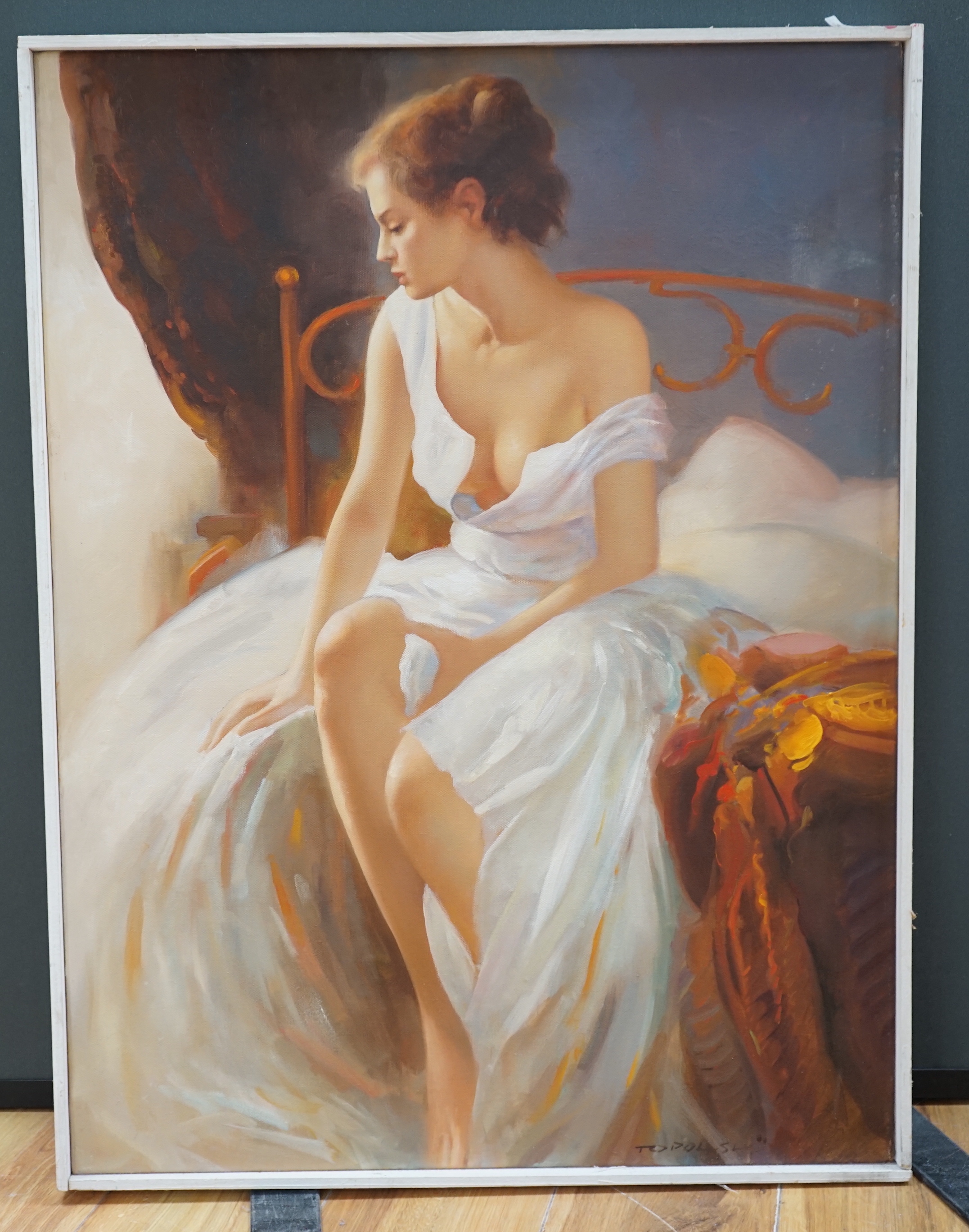 Topolski, oil on canvas, Young woman seated upon a bed, signed, 80 x 60cm